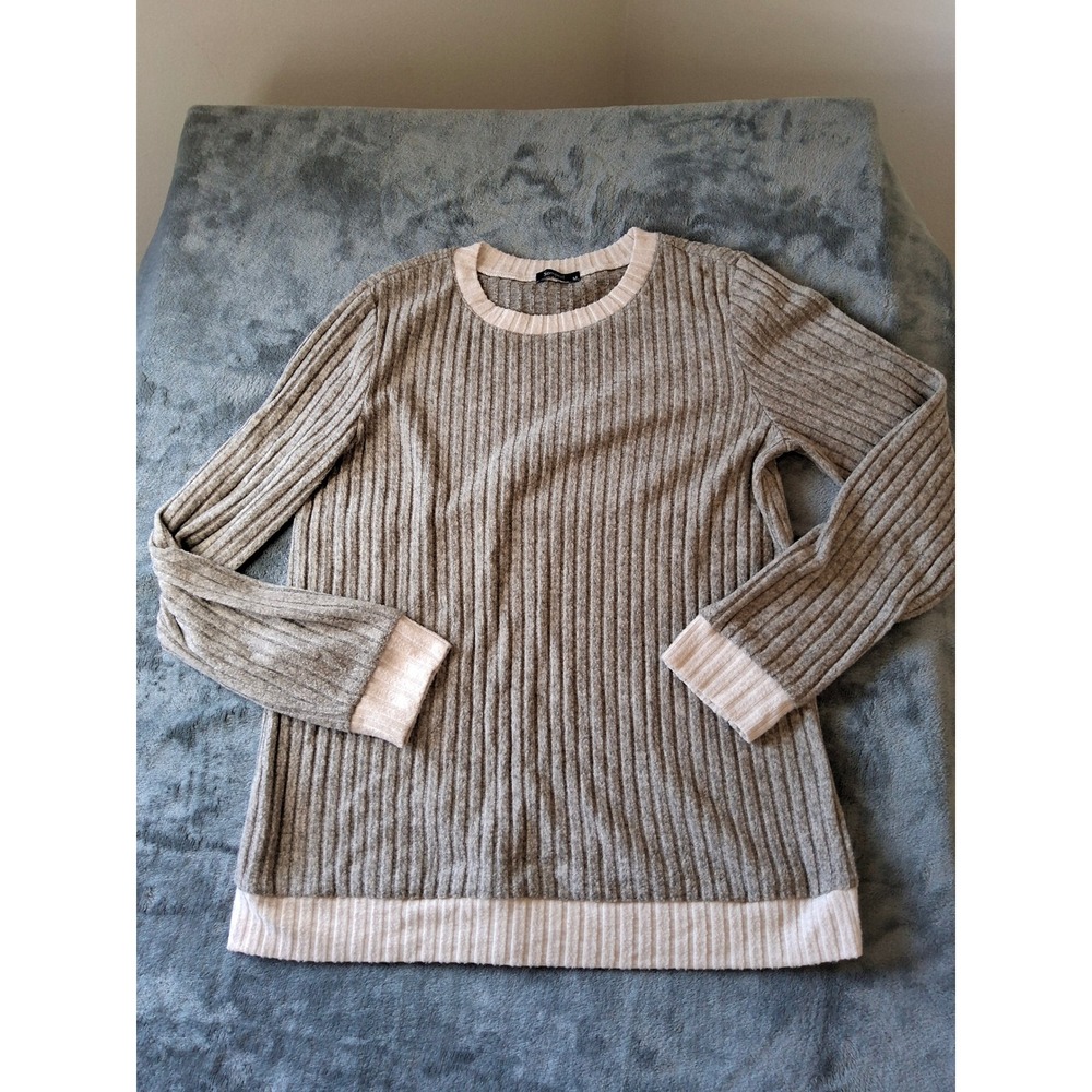 Sampeel Womens Ribbed Knit Long Sleeve Top Grey Cream Two Tone Crew Neck Medium